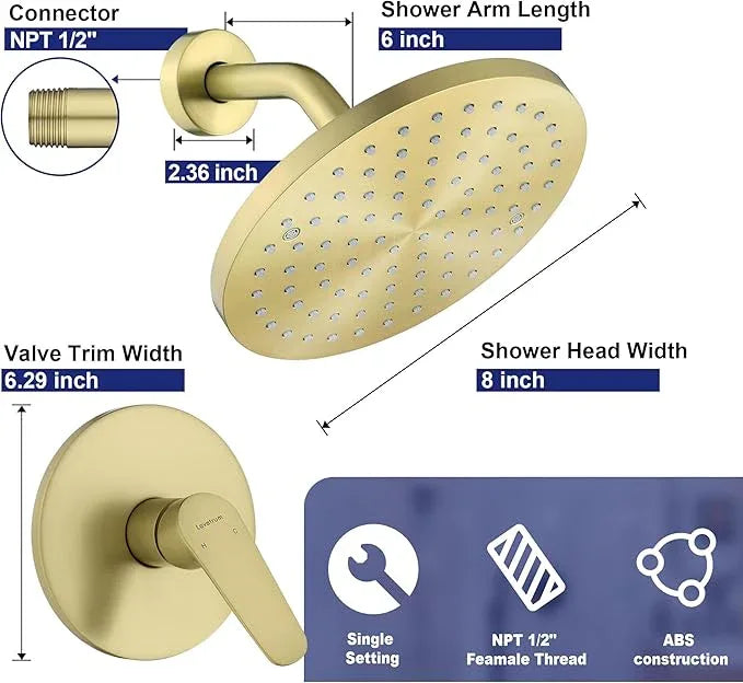 Lavatrum Brush Gold Shower Head and Handle Set Single Spray Premium Wall Mount 8 Inch Rainfall Round Shower Faucet with Rough-in Valve and Trim Kit for Bathroom（1.8GPM) - ModernBath