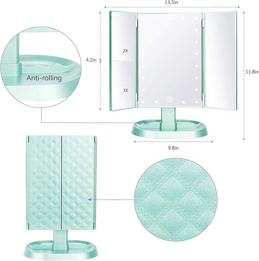 deweisn Trifold Lighted Vanity Makeup Mirror with 21 LED Lights,1x/2x/3x Magnification Touch Screen Dimming,Two Power Supplies Makeup Mirror, Gift for Women - ModernBath