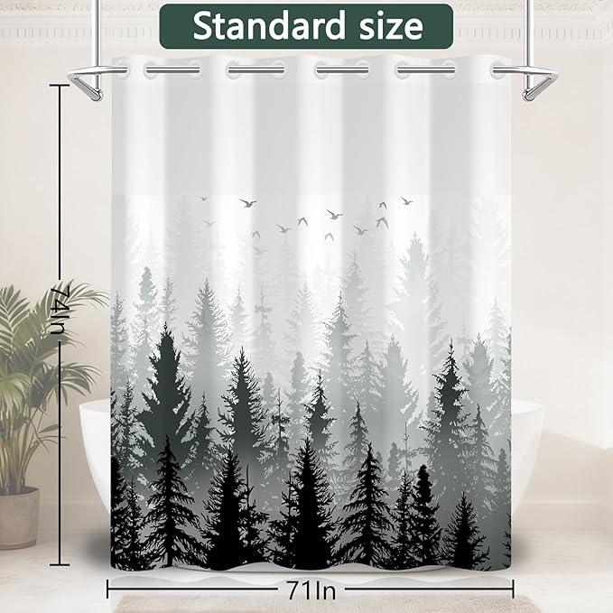 NAEMBCU No Hook Landscape Shower Curtain with Snap-in Liner, Green Misty Forest Bath Curtain with See Through Top, Waterproof Double Layer for Bathroom Decor, 71 x 74 Inch - ModernBath