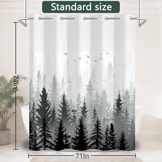 NAEMBCU No Hook Landscape Shower Curtain with Snap-in Liner, Green Misty Forest Bath Curtain with See Through Top, Waterproof Double Layer for Bathroom Decor, 71 x 74 Inch - ModernBath