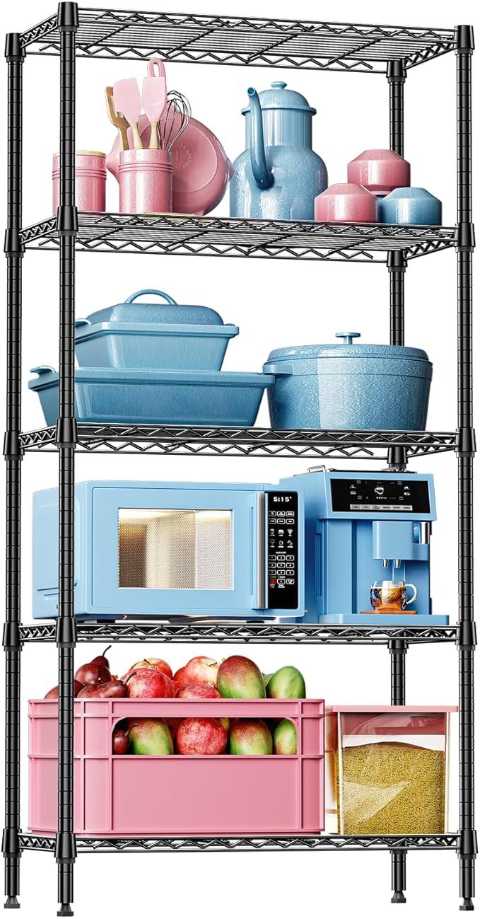 IZEUK 5 Tier Black Metal Storage Shelves, Heavy Duty Wire Shelving Rack for Garage, Kitchen, Bathroom, or Laundry Organization, 1250 lbs Capacity, 13.8" D x 35.4" W x 68.5" H - ModernBath