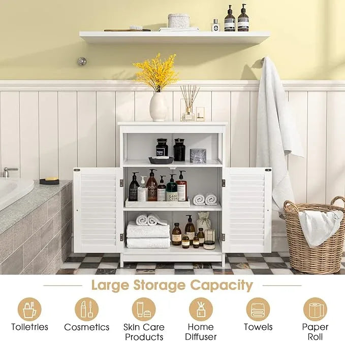 GLACER Bathroom Floor Cabinet, Wooden Storage Cabinet with Double Shutter Doors & 3-Position Adjustable Shelf, Side Storage Organizer, 23.5 x 12 x 31.5 inches (White) - ModernBath
