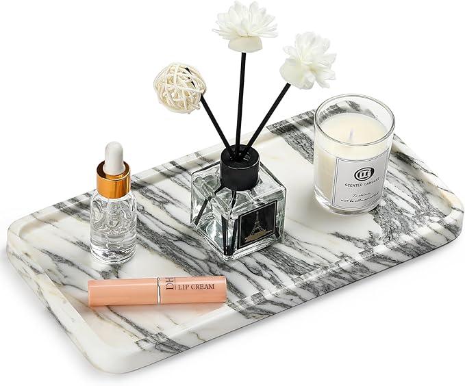 Natural Marble Vanity Tray - Moujings Genuine Marble Perfume Tray for Bathroom Decor, Stone Bathroom Vanity Organizer Tray for Kitchen Counter, Candles, Jewelry, Coffee, Makeup, Key - ModernBath
