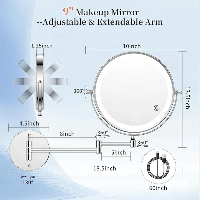 FUNTOUCH 9" 30X/1X Wall Mounted Lighted Makeup Mirror, 5000mAh Rechargeable Double Sided Magnifying Bathroom Mirror, 3 Color Modes Touch Dimmable Extended Arm 360 Rotation with Adapter,Chrome - ModernBath
