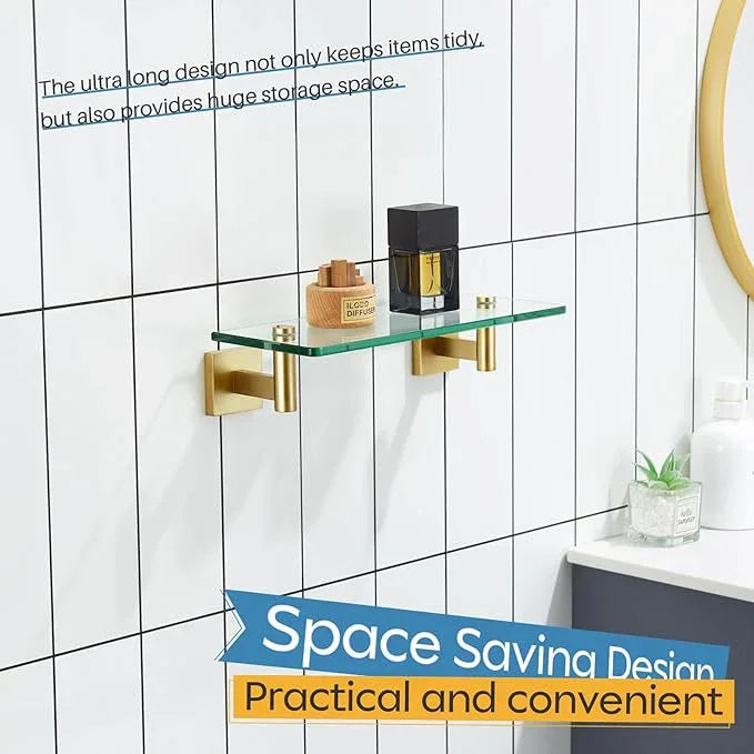 KOKOSIRI Wall Shelves Floating Shelf 12'' Gold Stainless Steel Bathroom Hardware Tempered Glass Hanging Rack Storage/Room Decor 2 Pack B1105BG-L12-P2 - ModernBath
