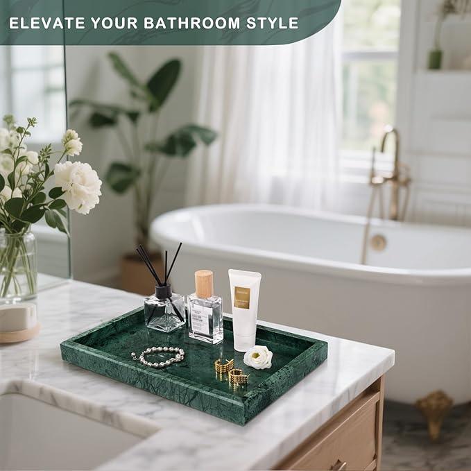 Homaura Marble Bathroom Tray for Countertop & Home Decor, Natural Decorative Marble Tray for Jewelry & Perfume Organizer, Luxury Stone Vanity Trays for Dresser, Kitchen Counter, 12" x 8", Green - ModernBath