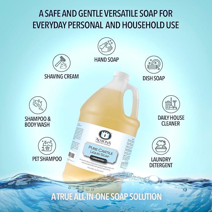 La Almona - Pure Castile Liquid Soap, UNSCENTED, 1 Gallon - Multipurpose: Hands, Face, Body, Laundry, Dishes & More - For Sensitive Skin, All-Natural Ingredients, Fragrance Free - ModernBath