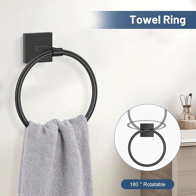 TURS Matte Black 5 Piece Bathroom Hardware Accessories Set, SUS304 Stainless Steel Bath Towel Bar Set, 24 Inch Round Bathroom Accessories Kit Wall Mounted - ModernBath