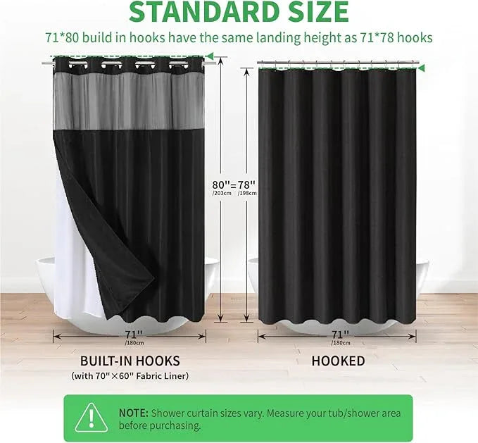 eachope Long No Hooks Needed Linen Textured Shower Curtain with Snap-in Fabric Liner Set,Black Hotel Luxury Decor Shower Curtains for Bathroom,Waterproof & Washable,71Wx80H - ModernBath