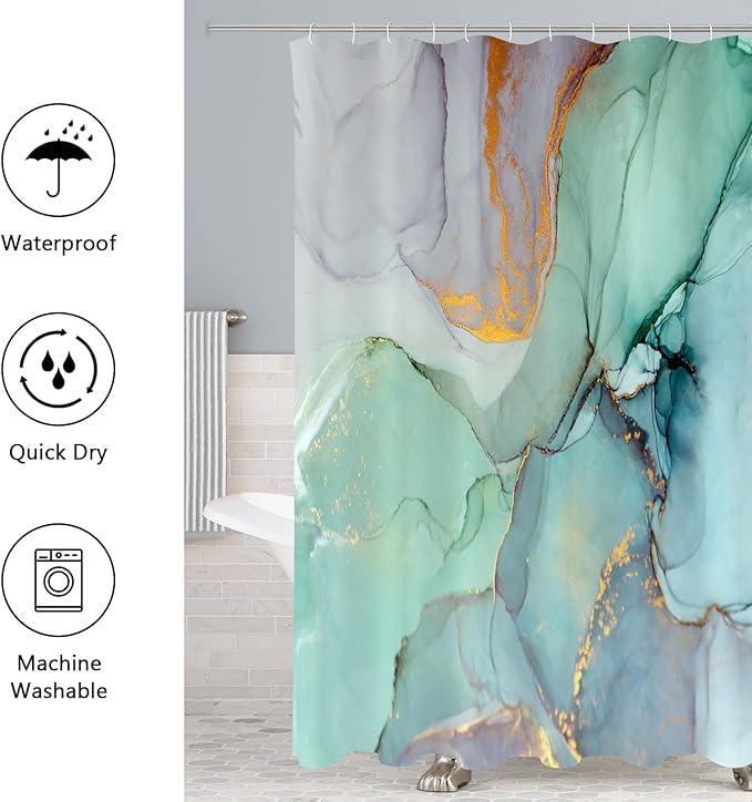 Gibelle 4 Pcs Shower Curtain Set with Non-Slip Rugs Toilet Lid Cover and Bath Mat, Green Marble Bathroom Decor Set with Accessories - ModernBath