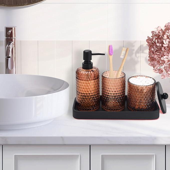 Bathroom Accessories Set,4 Pcs Amber Glass Bathroom Accessories Sets-Lotion Soap Dispenser,Toothbrush Holder,Qtip Holder Dispenser & Resin Vanity Tray,Countertop Vanity Organizer,Amber - ModernBath