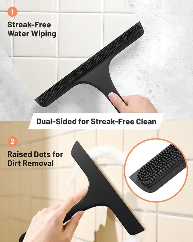 2-in-1 Silicone Shower Squeegee with Hook,Dual-Sided Design with Scraper & Scrub Surface,Rust-Proof Stainless Core,Streak-Free Bathroom Squeegee for Glass Doors,Mirrors,Windows,Car Windshields (Black) - ModernBath