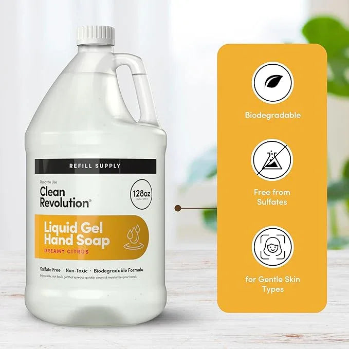 Clean Revolution Liquid Gel Hand Soap, Silky Rich Liquid, Quick Lather, Fast Rinsing, Contains Real Essential Oils (Dreamy Citrus) 128 Fl Oz - ModernBath