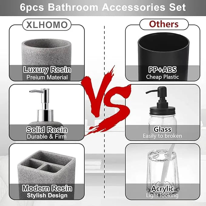 Resin 6 Pcs Gray Bathroom Set Complete with Toothbrush Holder, Lotion Soap Dispenser, 2 Qtip Holder Dispensers,Vanity Tray,Bathroom Tumbler - Countertop Vanity Organizer - Bathroom Accessories Set - ModernBath