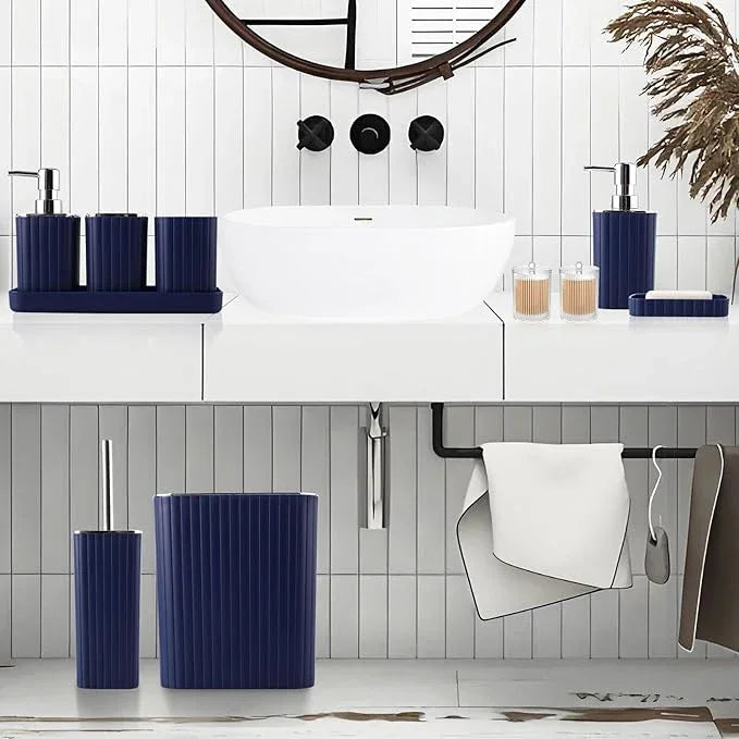 XLHOMO Navy Blue Bathroom Accessories Set - Gorgeous Bathroom Set, 10PC Bathroom Accessory Set, Toilet Brush, Trash Can, Qtip Holder Dispenser & Soap Dispenser - ModernBath