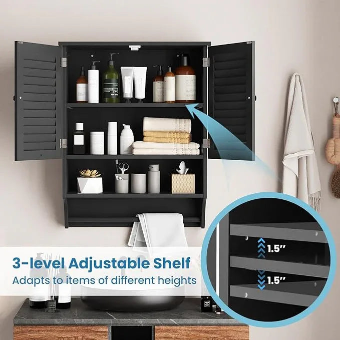 Giantex Bathroom Cabinet Wall Mounted - Hanging Medicine Cabinet with 2 Louvered Doors, 3-Position Adjustable Shelf, Towel Bar, Over The Toilet Space Saver (Black) - ModernBath
