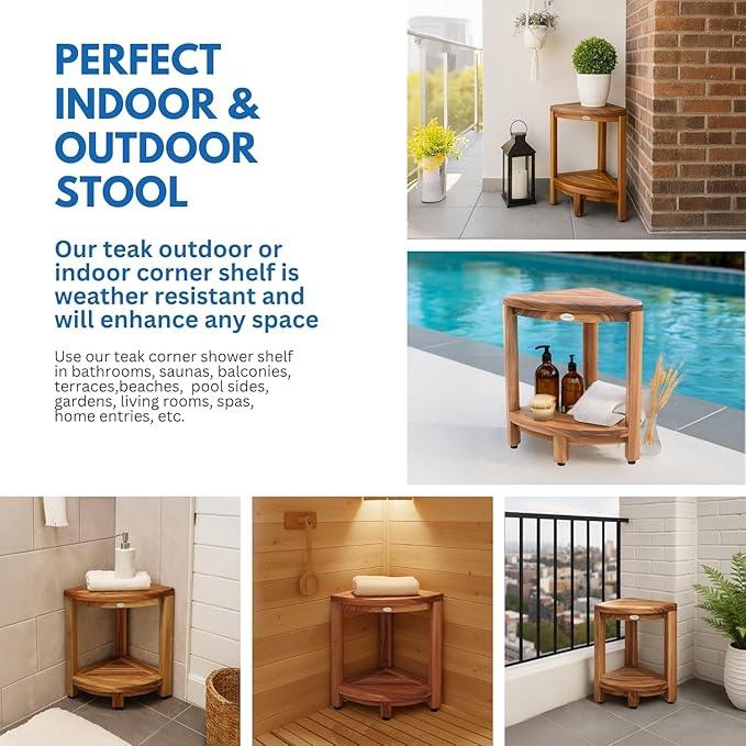 EcoDecors Fully Assembled SnazzyCorner® 18" Teak Shower Bench, Corner Shower Stool, w Shelf in Earthy Teak Finish, Compact Fit for Small Bathrooms & Walk-in Showers – Slip-Resistant Feet, Sauna Bench - ModernBath