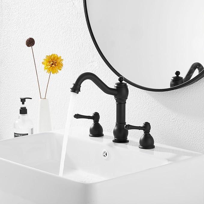 GGStudy 2 Handles 3 Holes Faucet Widespread Bathroom Sink Faucet Basin Tap Mixer Supply Hose Included Matching Pop Up Drain Matte Black - ModernBath