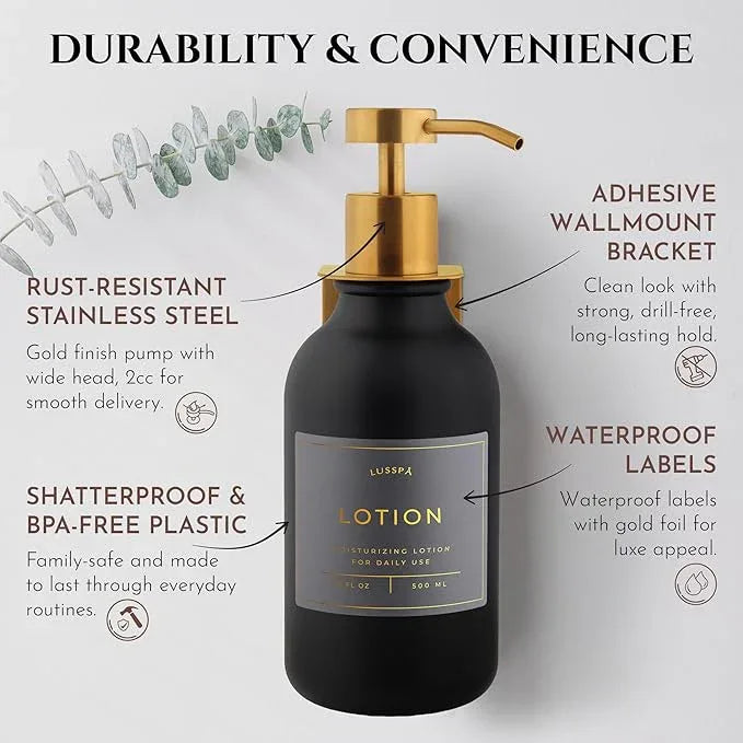 Shampoo & Conditioner Dispenser - Shower Soap Dispenser Wall Mounted - Set of 3 16.9 Oz Plastic Bottles with Pump & Holder - Shampoo Dispenser - Shower Dispenser Chamber No Drill (3 X Black/Gold) - ModernBath