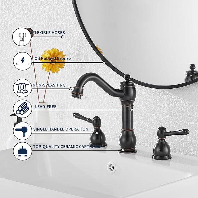 GGStudy 2 Handles 3 Holes Faucet Widespread Bathroom Sink Faucet Basin Tap Mixer Supply Hose Included Matching Pop Up Drain Oil Rubbed Bronze - ModernBath