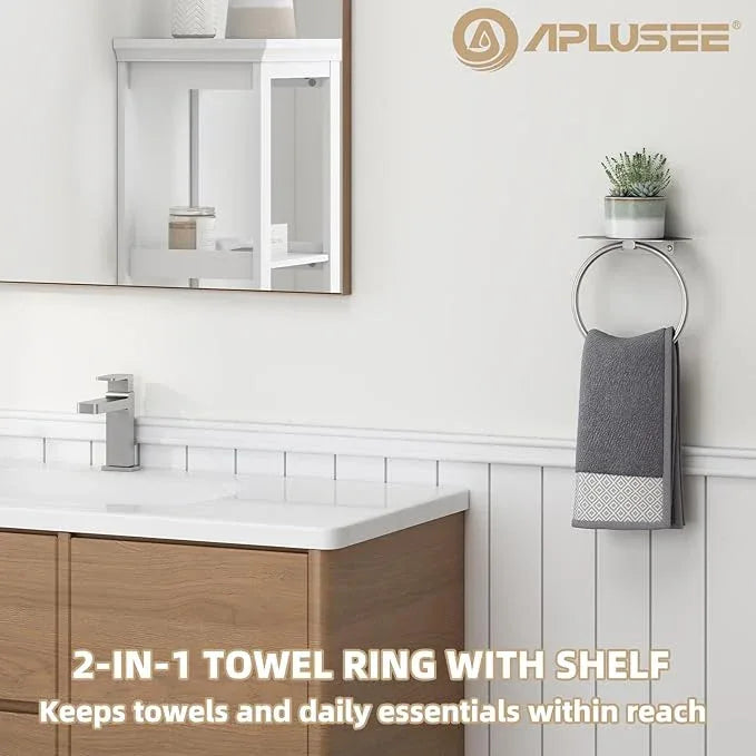 APLusee Towel Ring with Shelf Brushed Nickel, 304 Stainless Steel Rustproof Wall Mounted Holder, Space-Saving Storage for Hand Towels & Bathroom Essentials - ModernBath