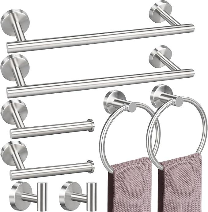 8 Pieces Bathroom Towel Rack Set, Includes 2PCS 23.6 inch Towel bar, 2PCStowel Hook, 2 PCS Towel Ring, 2PCS Toilet Paper Holder-Brushed Nickel Bathroom Accessories Sets - ModernBath