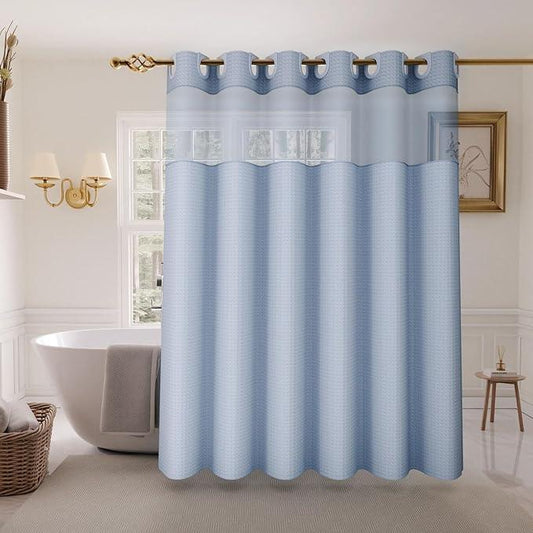 Inhousolu Extra Long No Hook Shower Curtain with Snap in Fabric Liner Set Waffle Weave 230GSM Weighted Hem, Waterproof & Washable Bathroom Curtain Spa Luxury with Mesh Top Window 72"W x 84"L Fog Blue - ModernBath
