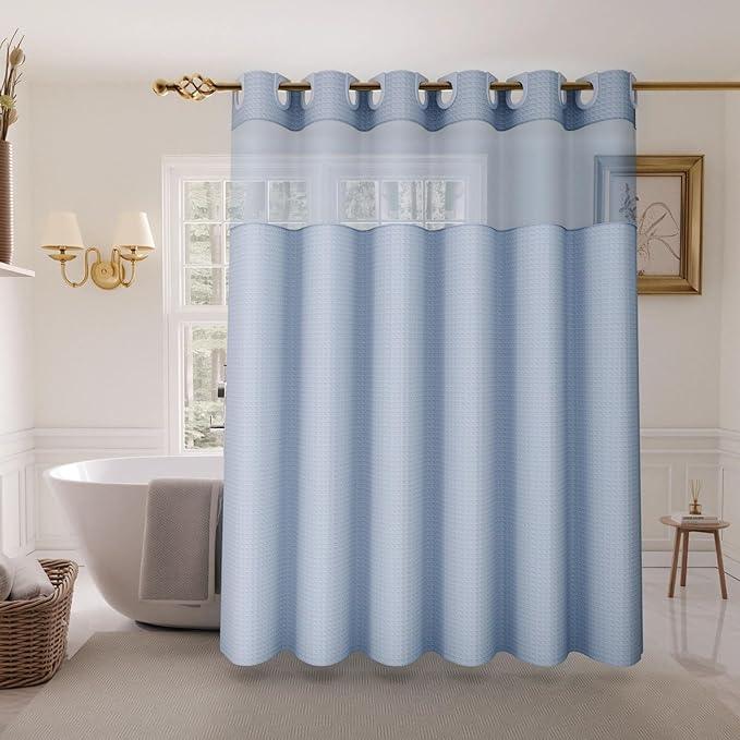 Inhousolu Long No Hook Shower Curtain with Snap in Fabric Liner Set Waffle Weave 230GSM Weighted Hem, Waterproof & Washable Bathroom Curtain Spa Luxury with Mesh Top Window 72" W x 78" L Fog Blue - ModernBath