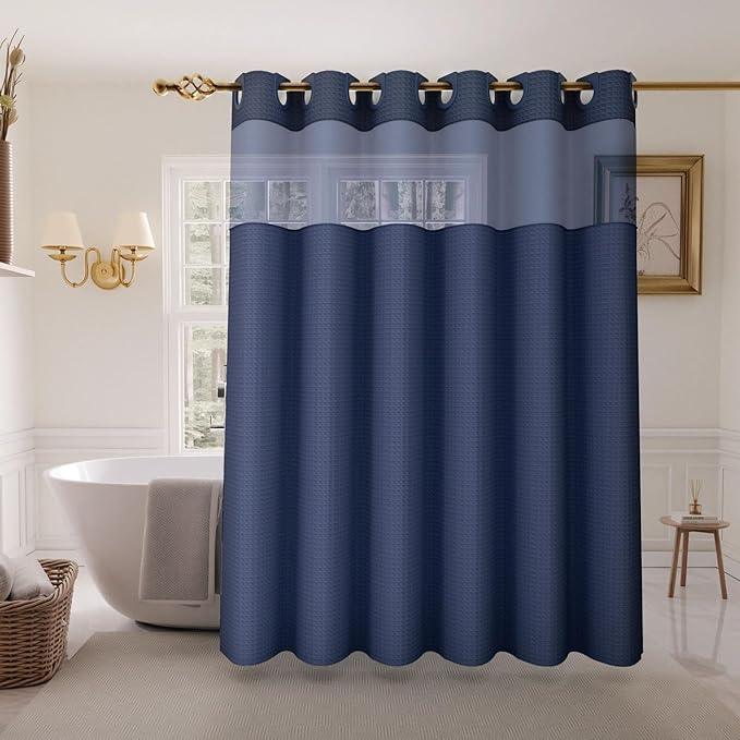 Inhousolu Long No Hook Shower Curtain with Snap in Fabric Liner Set Waffle Weave 230GSM Weighted Hem, Waterproof & Washable Bathroom Curtain Spa Luxury with Mesh Top Window 72" W x 84" L Navy Blue - ModernBath