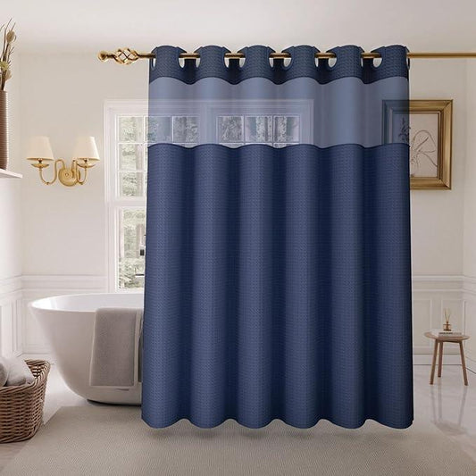 Inhousolu No Hook Shower Curtain with Snap in Fabric Liner Set Waffle Weave 230GSM Weighted Hem, Waterproof & Washable Bathroom Curtain Spa Luxury with Mesh Top Window 72" W x 72" L Navy Blue - ModernBath