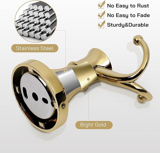 Gold Bathroom Towel Hook, Brushed Gold Bathroom Robe Hook, Heavy Duty Double Towel Hooks Bath Modern Coat Clothes Hook Wall Mounted for Kitchen Washroom - ModernBath