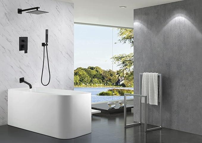 JingGang Matte Black Shower System with Tub Spout Wall Mounted Bathtub Shower Faucet Set for Bathroom with High Pressure 10" Rain Shower head and Handheld Shower Head Kit - ModernBath