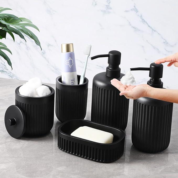 XLHOMO Black Resin Bathroom Accessories Set 5 Pcs, Bathroom Accessory Set Includes Foaming Soap Dispenser, Lotion Soap Dispenser, Toothbrush Holder, Qtip Holder, Soap Dish, for Modern Home Apartment - ModernBath