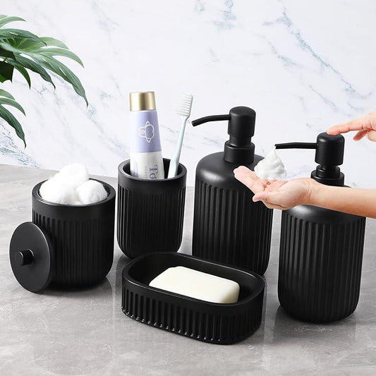 XLHOMO Black Resin Bathroom Accessories Set 5 Pcs, Bathroom Accessory Set Includes Foaming Soap Dispenser, Lotion Soap Dispenser, Toothbrush Holder, Qtip Holder, Soap Dish, for Modern Home Apartment - ModernBath