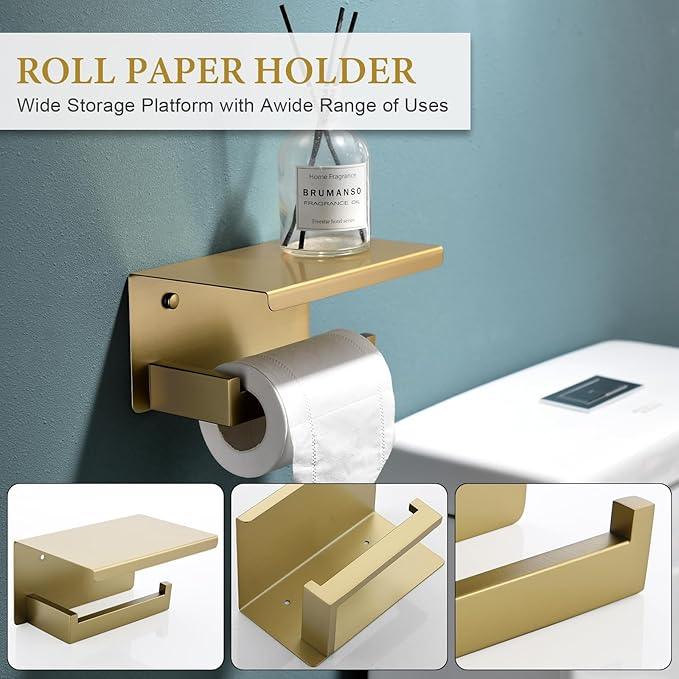 TNOMS 6-Piece Bathroom Hardware Set 23.6 Inch Gold Towel Bar Set Double Towel Bar Towel Ring Coat Hook and Toilet Paper Holder with Shelf Wall Mounted Stainless Steel Bathroom Accessories Set - ModernBath