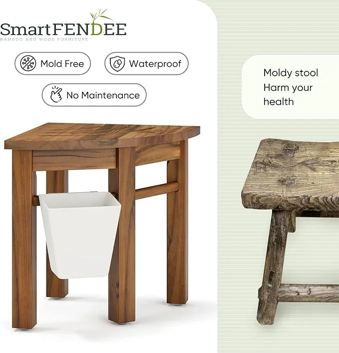 Smart Fendee Small Teak Shower Stool for Shaving Legs, Corner Shower Stools for Inside Shower, Bathroom Foot Rest with Storage Basket for Small Shower Spaces - ModernBath