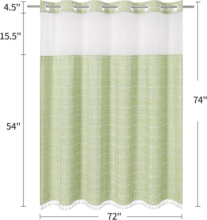 MitoVilla No Hooks Required Farmhouse Shower Curtain with Snap-in Liner - with Window & Magnets, Boho Cotton Linen Fabric Shower Curtains with Tassels for Rustic Bathroom Decor, Sage Green, 72 x 74 - ModernBath