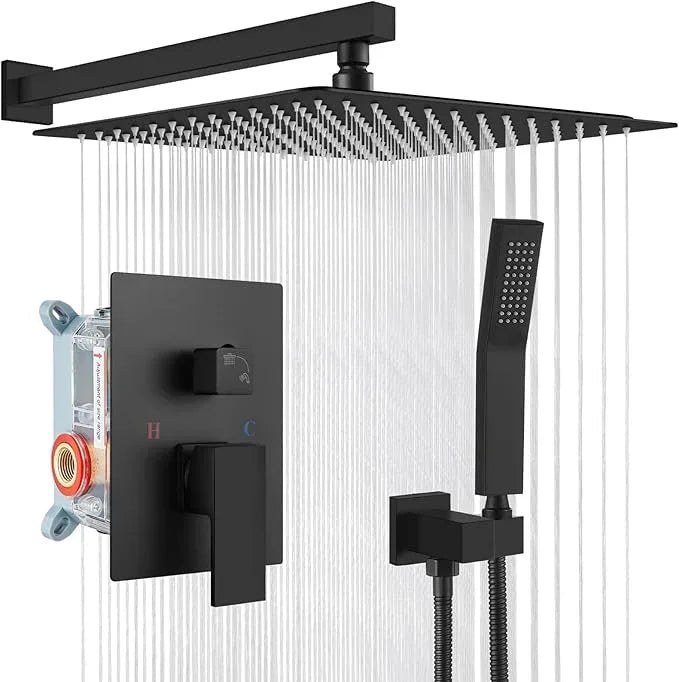 gotonovo Rainfall Bathroom Shower System Rain Shower Head and Handle Set Wall Mounted Shower Complete Combo Solid Brass Pressure Balancing Shower Mixer Valve 16 Inch Matte Black - ModernBath