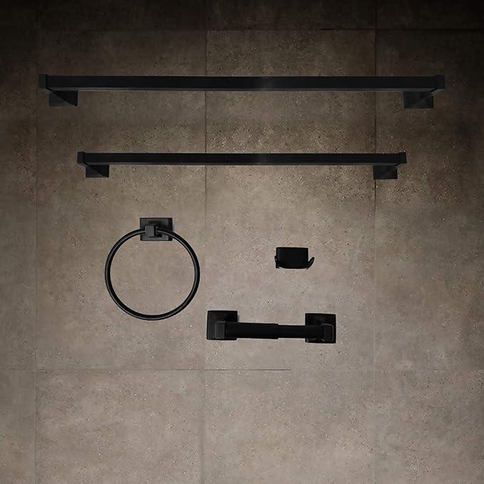 SENTO Cellar Classic Bathroom Accessories Set, Heavy Duty Metal Bath Hardware Set Wall Mounted, Includes Robe Hook, Toilet Paper Holder, Towel Ring, 18” & 24” Towel Bar (5-Piece, Matte Black) - ModernBath
