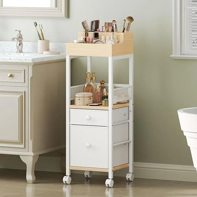 HOOBRO Makeup Organizer Cart, Floor Makeup Storage with Fabric Drawers, Mobile Vanity Organizer, Cosmetics Display Cases, for Skincare, Brush, Hair Tool, Perfume, White and Natural WN19TC04 - ModernBath