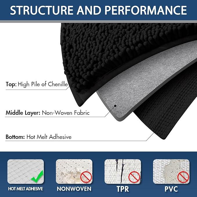 Yimobra Bathroom Rug Mat, Luxury Chenille Shaggy Bath Rugs, Extra Soft & Thick, Absorbent Water, Non-Slip, Machine Washable, Bath Mats for Bath Floor,Tub and Shower 24x20 + 24x17, Black - ModernBath