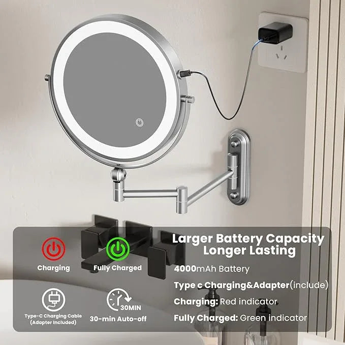 9" Wall Mounted LED Lighted Makeup Vanity Mirror - 4000mAh Rechargeable Double Sided 1X/30X Magnifying Mirror, 3 Color Lights Touch Dimmable, Height Adjustable Extended Arm 360° Swivel Bathroom Mirror - ModernBath