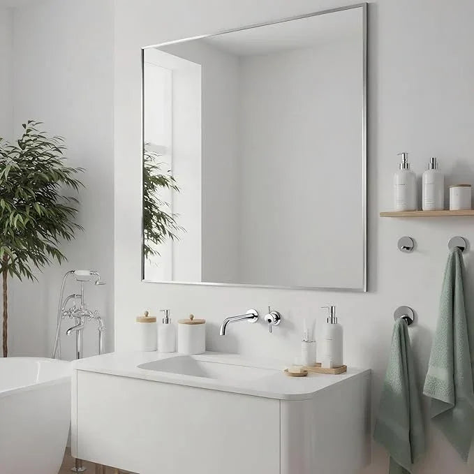 Bonverre 30x30 Inch Nickel Bathroom Mirror for Wall, Aluminum Frame Rectangle Rectangular Vanity Mirror, Modern Large for Bedroom, Living Room, Horizontal or Vertical - ModernBath
