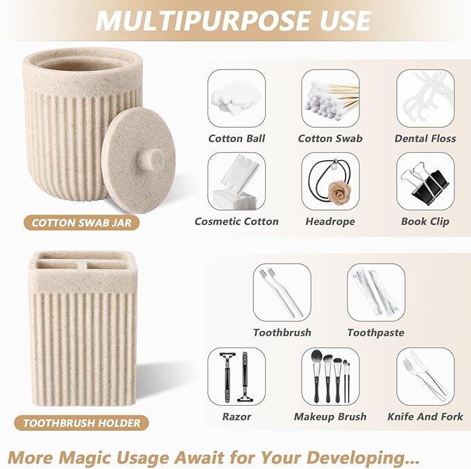 XLHOMO Resin Beige Bathroom Accessories Set 5 Pcs, Lotion Soap Dispenser, Toothbrush Holder, Bathroom Tumbler, Qtip Holder and Vanity Tray, Bathroom Countertop Organizer Set for Modern Home Apartment - ModernBath