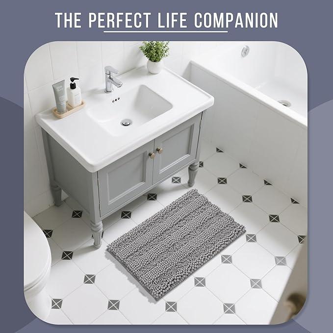 Yimobra Bathroom Rug Mat, Non Slip and Super Absorbent Bath Mat, Machine Washable Quick Dry, Ultra Plush Chenille Shower Rugs for Bathroom Floor Sink Tub and Shower Outside, Gray, 24 x 17 - ModernBath