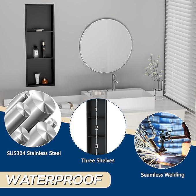 Qeke Stainless Steel Shower Niche 12" X 36", No Tile Needed Wall Niche Three-Tier, Recessed Shower Shelf for Bathroom Storage, Matte Black - ModernBath