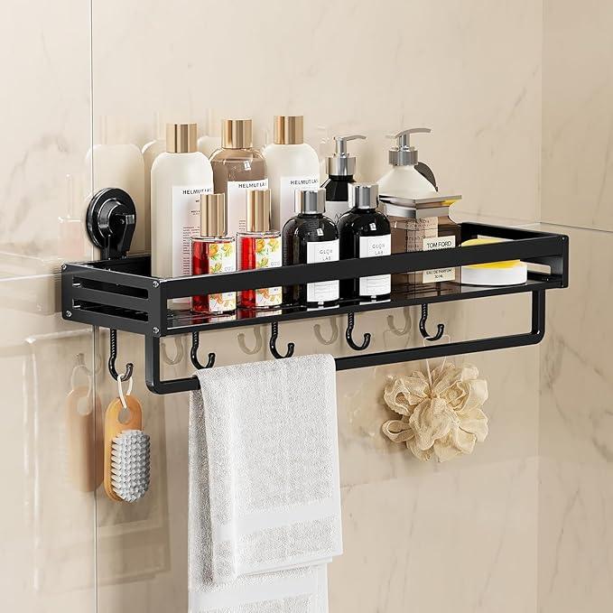 CIBOTIES Shower Caddy Suction Cup, 11.8 inch Suction Shower Shelf with Hooks NO-Drilling Bathroom Holder, Rustproof Bathroom Organizer, Black - ModernBath