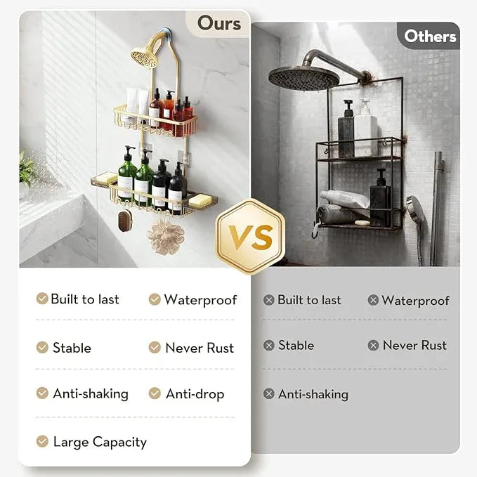 VALORDINE Shower Caddy Hanging, Shower Organizer Hanging, Aluminum Shower Racks for Inside Shower with Hooks for Razor, Never Rust Bathroom Organizers and Storage with Soap Holder, Gold - ModernBath