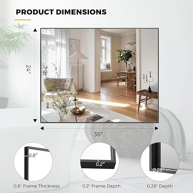 Bonverre 24x36 Inch Black Bathroom Mirror for Wall, Aluminum Frame Rectangle Rectangular Vanity Mirror, Modern Large for Bedroom, Living Room, Horizontal or Vertical - ModernBath
