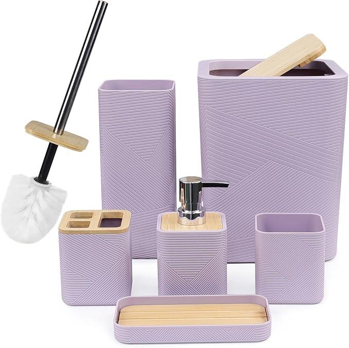 CERBIOR Bathroom Accessories Set 6 Piece Bamboo Bath Ensemble Includes Soap Dispenser, Toothbrush Holder, Toothbrush Cup, Soap Dish for Decorative Countertop and Housewarming Gift (Purple) - ModernBath